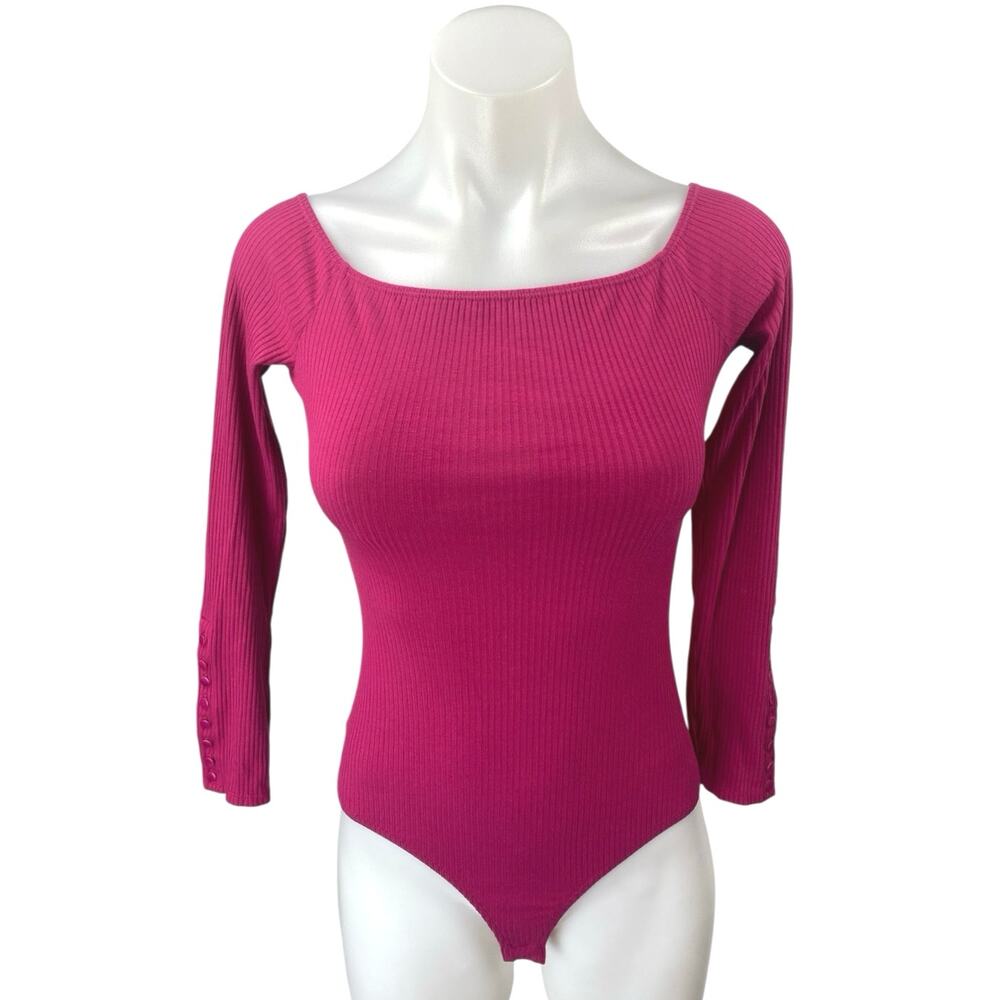 Sezane Women's Pink Long Sleeve Square Ribbed Knit One Piece Bodysuit Top Size S